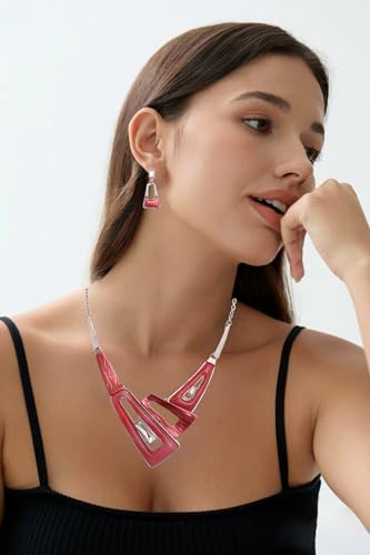 SFE Irregular Enamel Triangle Shape shell Collar Bib Bohemian Boho Statement Necklace Earrings Fashion Costume Jewelry Set for Women - color: Siam-Platinum Plated