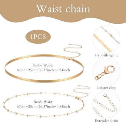 Gold Plated Waist Chain for Women, 1 Pcs, Waterproof Tarnish Resistant | Body Jewelry, for Bikini, Beach, Backless Dress, Summer, Y2K Hip Chain Gift