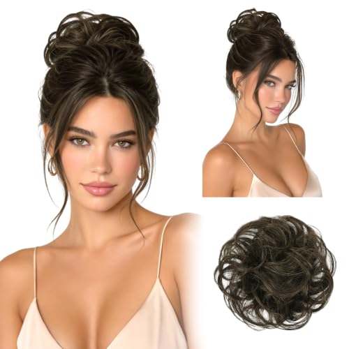 RUWISS 100% Human Hair Bun Small Messy Bun Hair Piece for Women Layered Wavy Hair Buns Updo Hairpiece for Daily Wear Scrunchies Ponytail Extension (Dark Brown with 15% Dark Cocoa Blonde) - color: Dark Brown with 15% Dark Cocoa Blonde