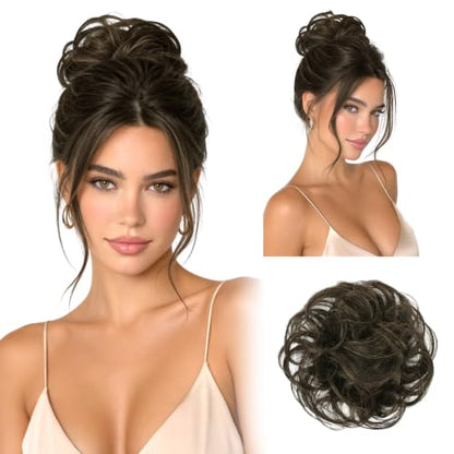 RUWISS 100% Human Hair Bun Small Messy Bun Hair Piece for Women Layered Wavy Hair Buns Updo Hairpiece for Daily Wear Scrunchies Ponytail Extension (Dark Brown with 15% Dark Cocoa Blonde) - color: Dark Brown with 15% Dark Cocoa Blonde