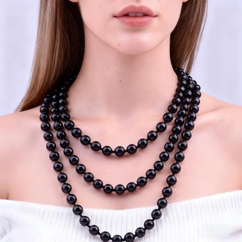 Pearl Necklaces for Women 60'' 70" Long Pearl Necklace 15.75'' Pearl Choker Necklace Chunky Bead Layered Faux Pearl Dangle Wedding Bridal 1920s Gatsby Christmas Costume Jewelry Gifts - color: Black-60''