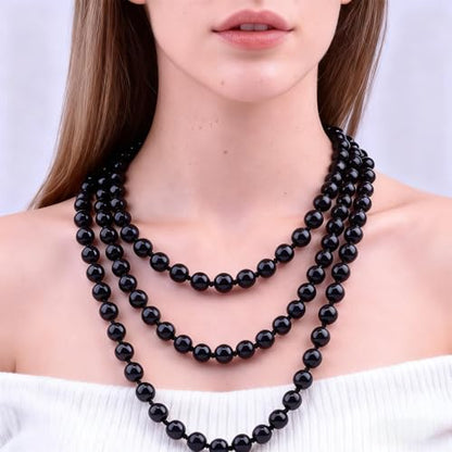 Pearl Necklaces for Women 60'' 70" Long Pearl Necklace 15.75'' Pearl Choker Necklace Chunky Bead Layered Faux Pearl Dangle Wedding Bridal 1920s Gatsby Christmas Costume Jewelry Gifts - color: Black-60''