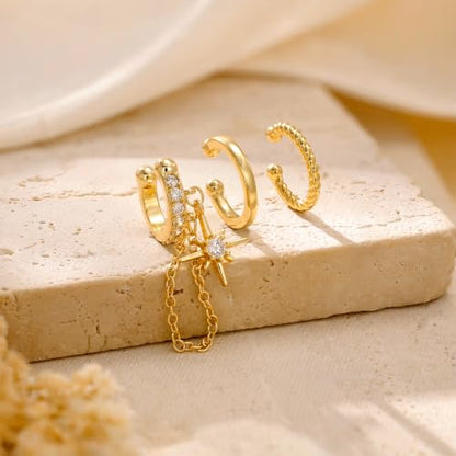 14K Gold Plated Layered Chunky Ear Cuff for Women Thick Ear Clips | Ear Cuff Earrings for Women,Hammered Texture design，Lightweight Hypoallergenic Ear Clips，trendy Jewelry for Daily Party Prom - color: gold 3