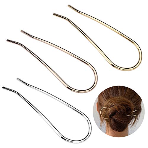 HYFEEL Metal Hair Fork 4.6 inch Simple U Shape Updo Hair Sticks Alloy Gold-plated 2 Prong Bun Hair Pins Clips Grips for Women Thick Hair Styling Tool Accessories, 3 Pack - color: Gold, Rose Gold, Silver - 3 Pieces