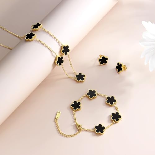 AmorArtSky Lucky Clover Jewelry Set - 18K Gold Plated Flower Design Five Leaf Bracelet, Necklace Pendant, Earrings for Women - Lucky Gifts for Mom, Wife, Daughter, Friends - style: Lucky Clover Jewelry Sets_Black