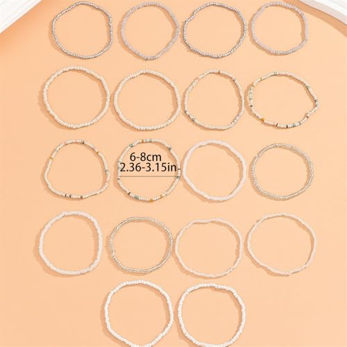 18Pcs Boho Stackable Beaded Bracelets for Women Colorful Handmade Multilayered Rice Beads Anklets Set Summer Beach Bohemian Jewelry Gift - color: Style 1 White