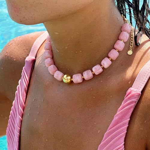 Chunky Colorful Beaded Choker Necklace for Women, Summer Beach Statement Resin Beads Necklace, Trendy Womens Summer Beach Jewelry Birthday Gifts for Vacation Holiday - color: Square Soft Pink Bead