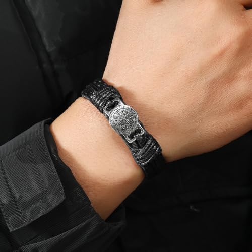 2 Pack Braided Leather Cross Bracelet for Men, Handmade Adjustable Wristband - color: Black