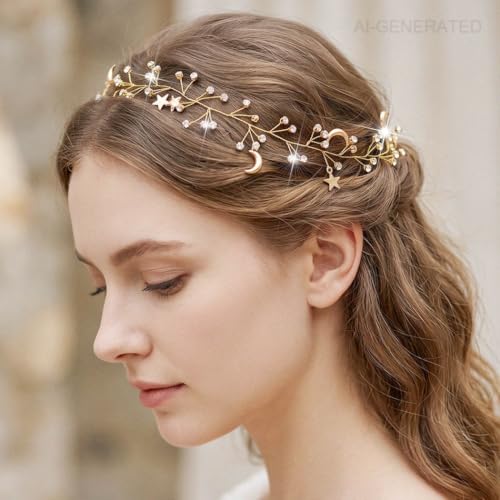 Casdre Star Rhinestone Hair Vine Gold Moon Headpiece Bridal Headband Crystal Bride Wedding Hair Accessories for Women and Girls