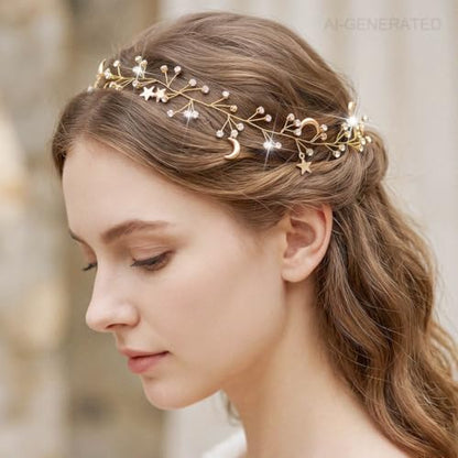 Casdre Star Rhinestone Hair Vine Gold Moon Headpiece Bridal Headband Crystal Bride Wedding Hair Accessories for Women and Girls