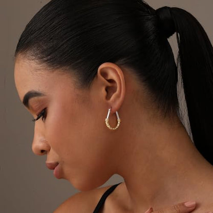 LeCalla 925 Sterling Silver Hoop Earrings for Women | Italian Design Classic Diamond-Cut Textured Hoops Earring | Women's Oval Drop Shape Silver Earring Jewelry - color: Medium Two-Tone Diamond-Cut