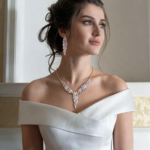 EleQueen Statement Sparkle Crystal Necklace Bracelet Dangle Earrings Set for Women, Art Deco Prom Chandelier Jewelry for Wedding Bridal - color: AB Iridescent-Gold-Plated-Base