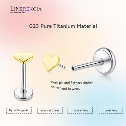 limerencia Titanium Threadless Flat Back Earrings Stud Piercing Jewelry | 20G Press Fit Titanium Push Pop in Cartilage Tragus Labret Lip Medusa Conch Piercing Jewelry Hypoallergenic for Women Men - style: Heart Gold