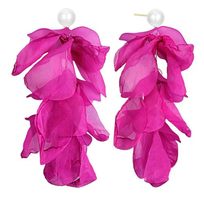 Handmade Bohemian Lightweight Fabric Flower Dangle Drop Earrings Chic Pearl Large Tassel Petal Stud Earrings For Women - color: Rose Red