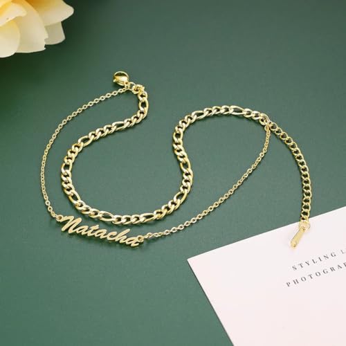 Custom Ankle for Women for Women 18K Gold Plated Adjustable Name Anklet Customized Beach Anklet Gifts - color: Name Anklet with Figaro Chain