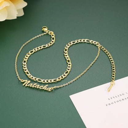 Custom Ankle for Women for Women 18K Gold Plated Adjustable Name Anklet Customized Beach Anklet Gifts - color: Name Anklet with Figaro Chain