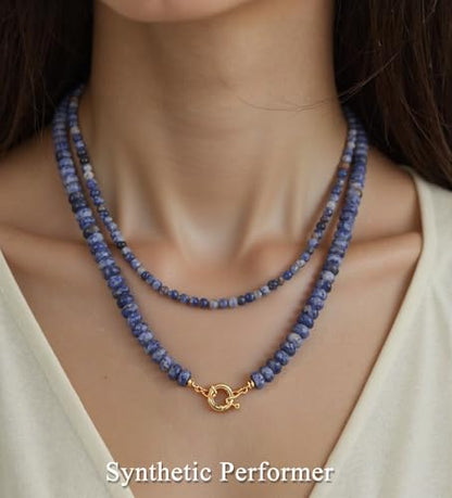 CASDAN 2Pcs Natural Gemstone Beaded Choker Necklaces for Women | Boho Colorful Beads Choker,Natural Stone Surfer Beach Necklaces,Handmade Summer Jewelry,Charm Trendy Necklaces - color: Dark blue