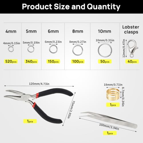 1200 Pcs Open Jump Rings, Jump Rings for Jewelry Making, Necklace Keychain Repair Kit with Making Tools Tweezer, Plier, Lobster Claw Clasps, Open Rings for DIY Crafts Keychains (Sliver) - color: Sliver