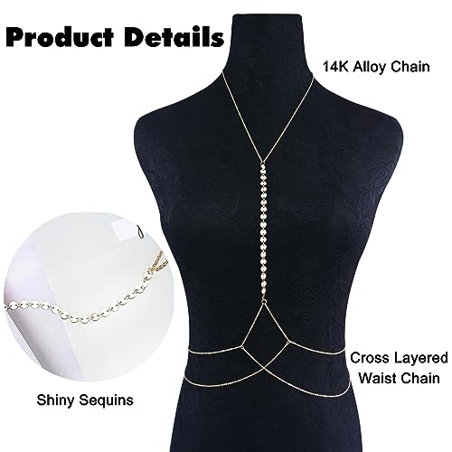 Body Chain Jewelry for Women, Layered Waist Chain for Bikinis | Sexy Body Jewelry, Adjustable Fit, Chest Belly Chain, Gold & Silver Options, Beach Vacation, Festivals Raves & Concerts - style: Sequins(Gold)