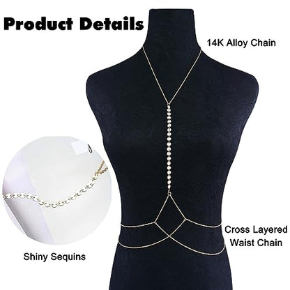 Body Chain Jewelry for Women, Layered Waist Chain for Bikinis | Sexy Body Jewelry, Adjustable Fit, Chest Belly Chain, Gold & Silver Options, Beach Vacation, Festivals Raves & Concerts - style: Sequins(Gold)