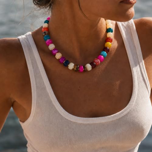 Beaded necklace for Women Boho Bead Gemstone Chunky Necklace Big Bead Necklace Fashion Trendy Summer Necklaces Jewelry Gifts - color: Colorful Beaded