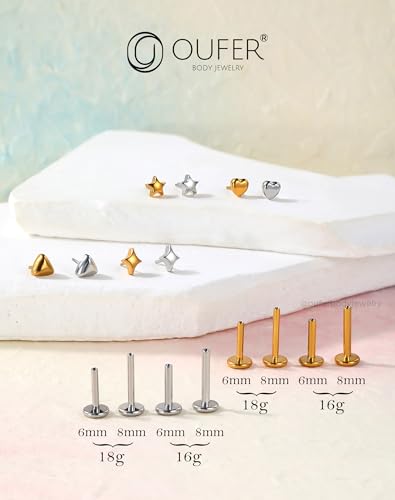 OUFER G23 Titanium Threadless Labret Studs – Flat Back Push Pin Earrings for Tragus, Helix, Monroe, Conch, Lip Piercing – 16G/18G, 6MM/8MM - color: Gold-4Star, size: 18g 12mm