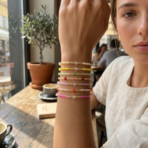 Colorful Stackable Rice Small Mini Seed Beaded Bracelets Set For Women, Handmade Dainty Boho Gold Glass Stretch Accessories Jewelry,Summer Beach Party Daily Friendship Gift - color: 7Pcs Gold Crystal