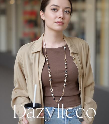 Long Gold Boho Necklaces for Women Beaded Statement Chain Long Necklace Gold Costume Jewelry Birthday Gifts for Her - color: Black White