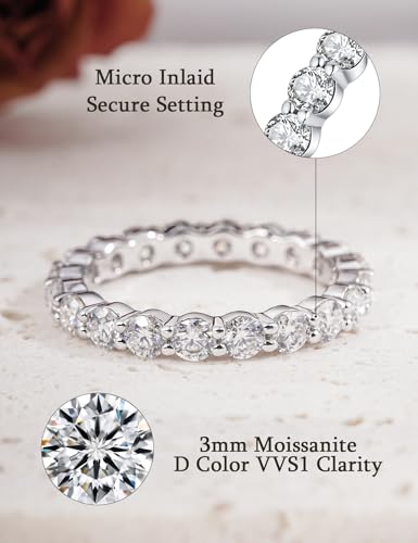 IMOLOVE Moissanite Wedding Band for Women, 3MM 18K White Gold Plated Sterling Silver Full Eternity Ring D Color VVS1 Round Cut Anniversary Promise Jewelry – Shine Bright, Spend Light