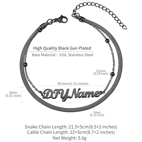 ChainsHouse Double Layer Anklet Bracelet for Women,Adjustable Chain Anklets Stackable Dainty Anklets,Stainless Steel/Gold Plated/Black Ankle Jewelry Gifts - color: C-Black-Snake Chain