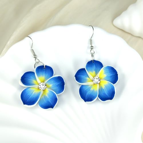 Floral Dangle Earrings for Women Hawaiian Tropical Plumeria Rubra Flower Drop Earrings with Cubic Zirconia Luau Beach Party Vacation Hawaiian Accessories Jewelry Gift - color: Blue
