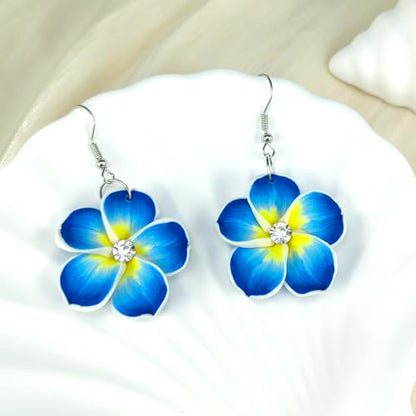 Floral Dangle Earrings for Women Hawaiian Tropical Plumeria Rubra Flower Drop Earrings with Cubic Zirconia Luau Beach Party Vacation Hawaiian Accessories Jewelry Gift - color: Blue