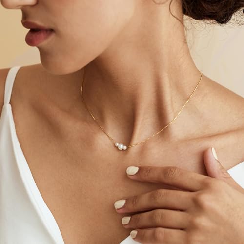 Plenky Pearl Necklaces for Women-14k Gold Plated Layered-Single Pearl Necklace Simple Pearl Choker Necklaces for Women Trendy Cute Gold Necklace Jewelry for Women Gifts - style: 3 Pearls Necklace