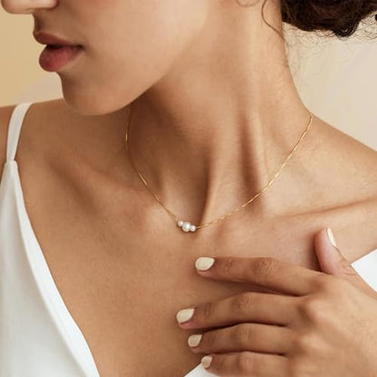 Plenky Pearl Necklaces for Women-14k Gold Plated Layered-Single Pearl Necklace Simple Pearl Choker Necklaces for Women Trendy Cute Gold Necklace Jewelry for Women Gifts - style: 3 Pearls Necklace
