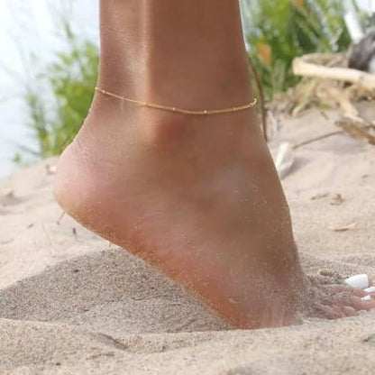 Gold Stainless Steel Anklet Chain for Women Adjustable Ankle Bracelet Fashionable Simple Design, Round mold chain - color: Gold+ Pearl necklace, size: 22+3cm
