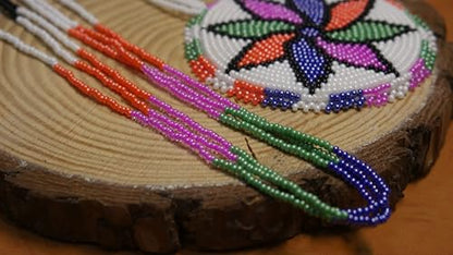 Handmade Native American Style Tribal ethnic Seed Bead Beaded Layered Medallion Necklace - color: Off White Floral