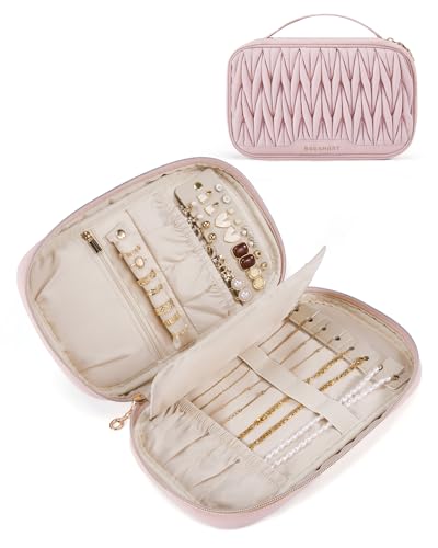 BAGSMART Travel Jewelry Case Jewelry Organizers and Storage Earings Holder Organizer for Women Necklace Holder Jewelry Rolls for Necklaces, Earrings, Bracelets-Pink - color: Pink