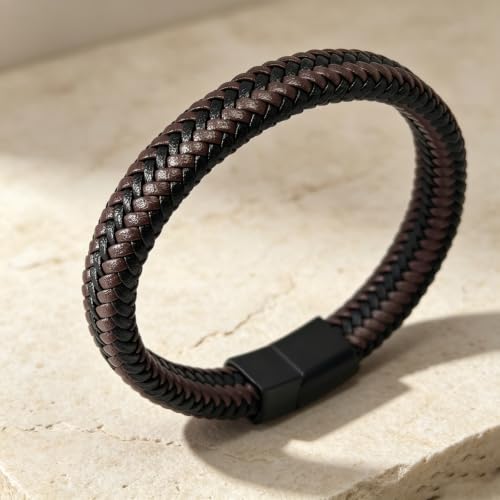 Italian Handmade Leather Bracelets for Men - color: Brown Braided, size: 8.2"