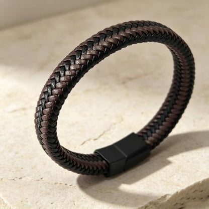 Italian Handmade Leather Bracelets for Men - color: Brown Braided, size: 8.2"