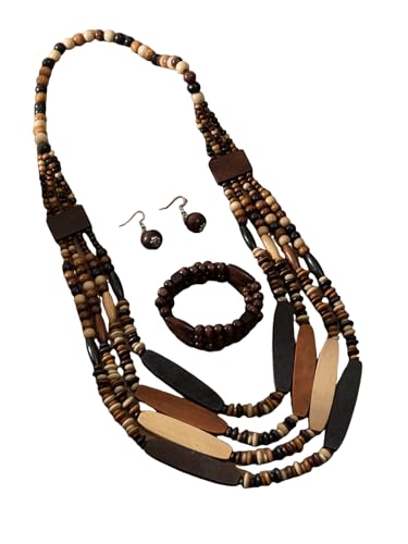 Colorful Ethnic Wooden Earrings Round Statement Dangle Earrings Multilayered Geometric Beaded Bracelet Necklace Set for Women Exaggerated Tribal Jewelry - color: Mixed Color A