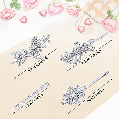 Janinka 10 Pieces Rhinestone Wedding Hair Clips Bridal Crystal Bobby Pins Silver Barrette Leaf Flower Wedding Elegant Hair Accessories for Bride Women and Girls(Rhinestone Style) - color: Rhinestone style