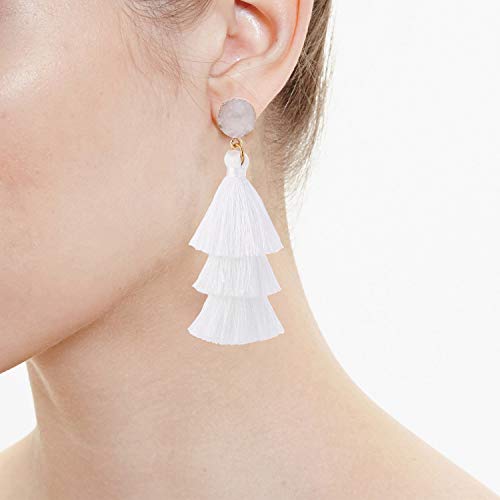 Bohemian Tiered Tassel Earrings with Druzy Stud for Women | Long Layered Fringe Drop Earrings, Statement Jewelry for Party Beach Festival - color: White