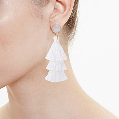 Bohemian Tiered Tassel Earrings with Druzy Stud for Women | Long Layered Fringe Drop Earrings, Statement Jewelry for Party Beach Festival - color: White