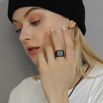 GoldChic Jewelry Personalized Signet Rings Men Women, Stainless Steel Custom Photo Bold Square/Oval Monogram/Old English Initial Pinky Stacking Statement Ring in Black/Silver/Gold (Size 7-14) - color: Black-Initial -Square