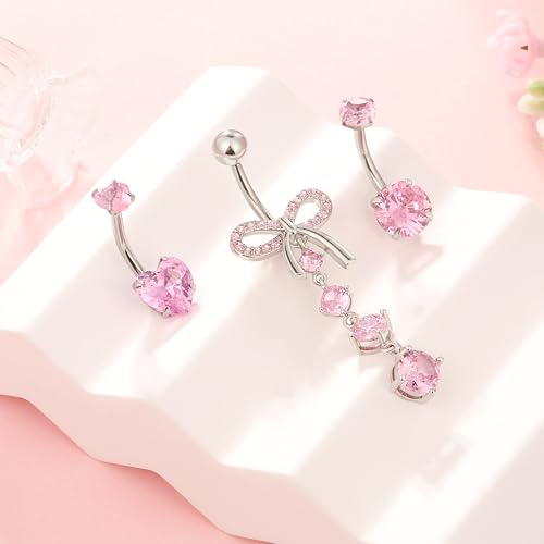 Zankulas Dangle Belly Button Rings Piercing Jewelry for Women Surgical Stainless Steel Dangling Belly Ring Pack with Heart Bow Elements 14g