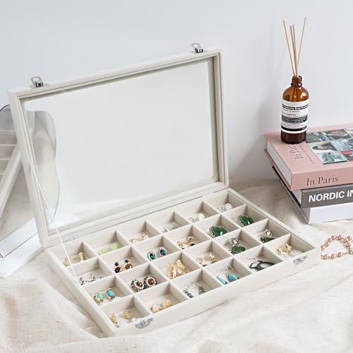 Wudygirl Jewelry Organizer Earring Holder Jewelry Tray with Lid Velvet Jewelry Box Jewelry Display Case Bracelet Earrings Ring Holder for Women Dresser (Beige 24 Grid Jewelry Tray) | 24 Grid Jewelry Organizer for Earrings, Perfect for Home Organization, J