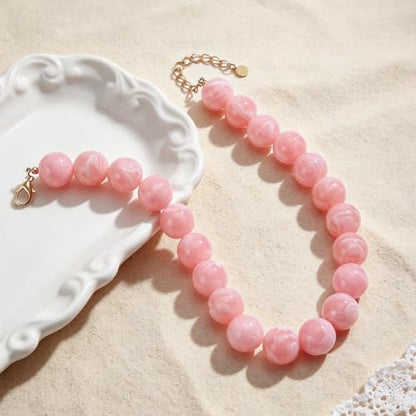 Chunky Beaded Necklace for Women Trendy Boho Collar Statement Necklace Large Round Resin Beads Choker Necklaces Summer Beach Jewelry Gifts - color: Pink