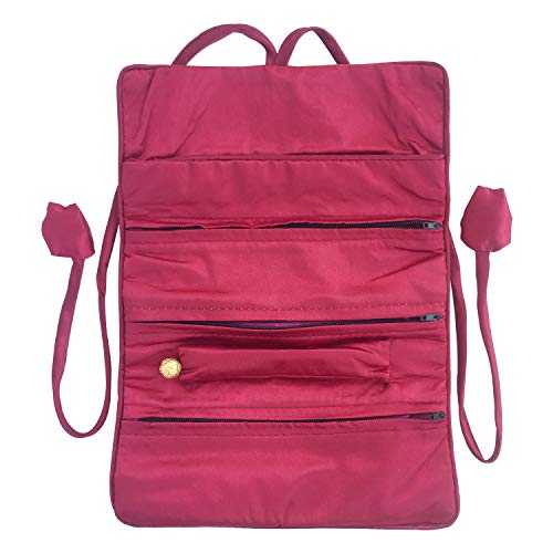 Travel Jewelry Roll Bag - Embroidered Brocade Pouch for Rings, Necklaces, Earrings, Bracelets | Lightweight & Tie Closure (Wine Red) - color: Wine Red
