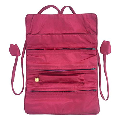 Travel Jewelry Roll Bag - Embroidered Brocade Pouch for Rings, Necklaces, Earrings, Bracelets | Lightweight & Tie Closure (Wine Red) - color: Wine Red