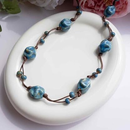 Bohemian Long Beaded Necklace for women, Colorful Hippie Long Layered Necklace, Handmade Boho Jewelry Gift for Mom - color: Teal Blue